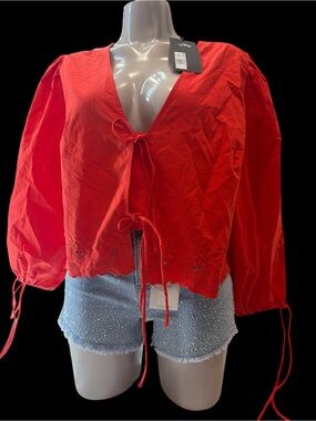 Future collection Orange Tie-Front Women’s Top with Embroidered Hem